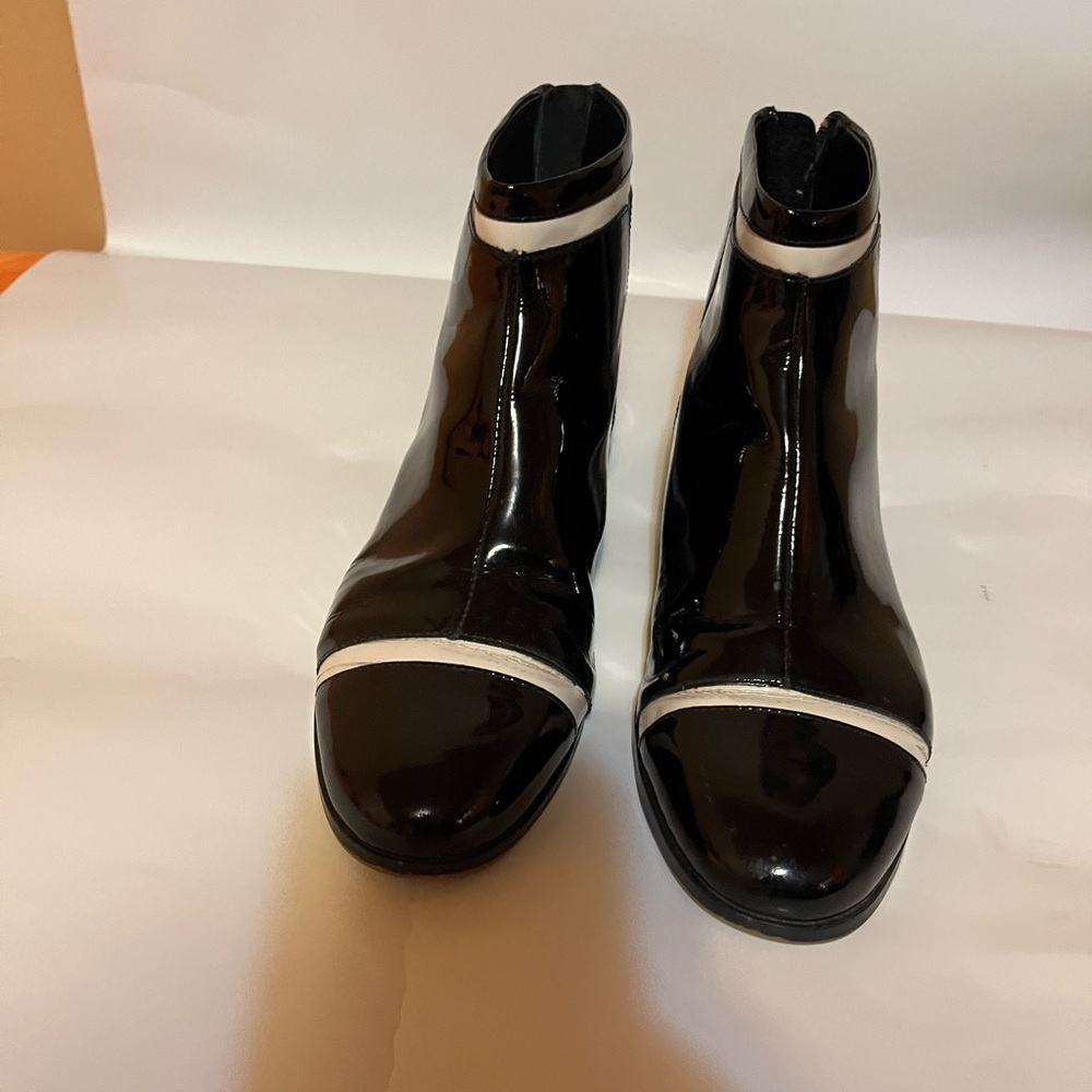 Calvin Klein Black and Cream Patent Ankle Booties